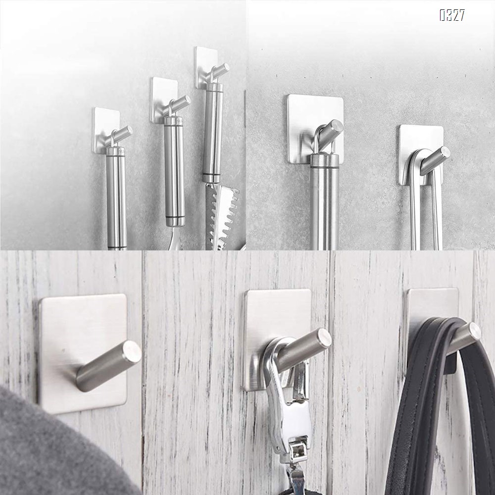 Adhesive Wall Hooks Heavy Duty Hooks for Hanging Wall Hangers Stick on Shower Home Bathroom Kitchen Door Ideal for Robes, Umbrellas, Clothes, Bags, Coats, Keys - Stainless Steel