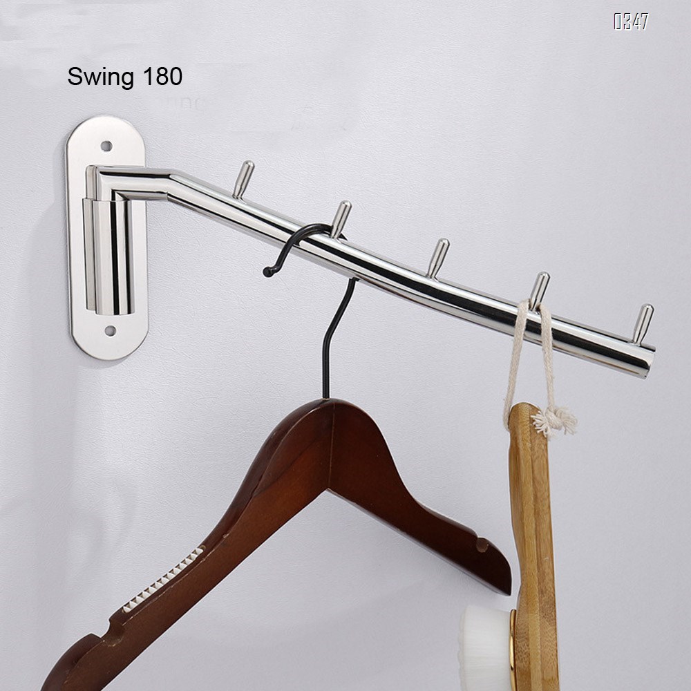 Swing 180 degrees Wall Mounted Clothes Hanger Rack, Stainless Steel Garment Hooks with Swing Arm Holder, Space Saver Clothing and Closet Rod Storage Organizer for Laundry Room Bedrooms Bathrooms