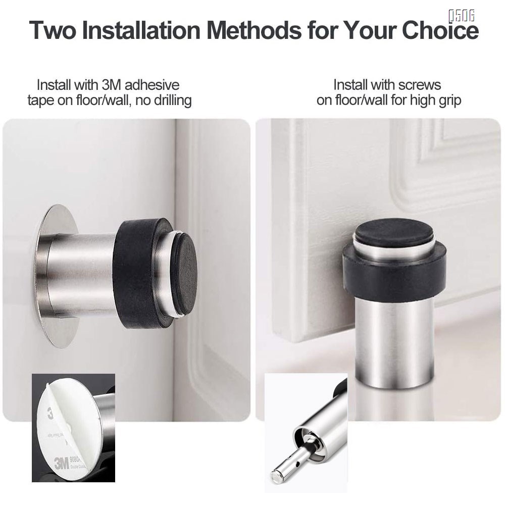 Door Stops 60mm with Rubber Bumper for Floor Wall Mount, Stainless Steel Heavy Duty Door Stopper Wedge with Screw, 3M Self Adhesive Tape No Need to Drill for Preventing Door Hitting Wall