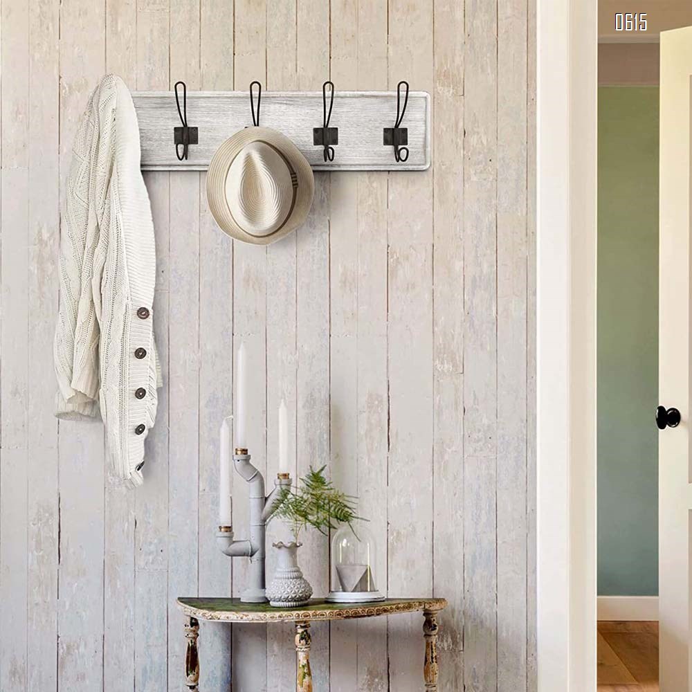 Whitewash Rustic Coat Rack - Wall Mounted Wooden 24 Inch Entryway Coat Hooks - 5 Rustic Hooks, Solid Pine Wood. Perfect Touch for Your Entryway, Kitchen, Bathroom