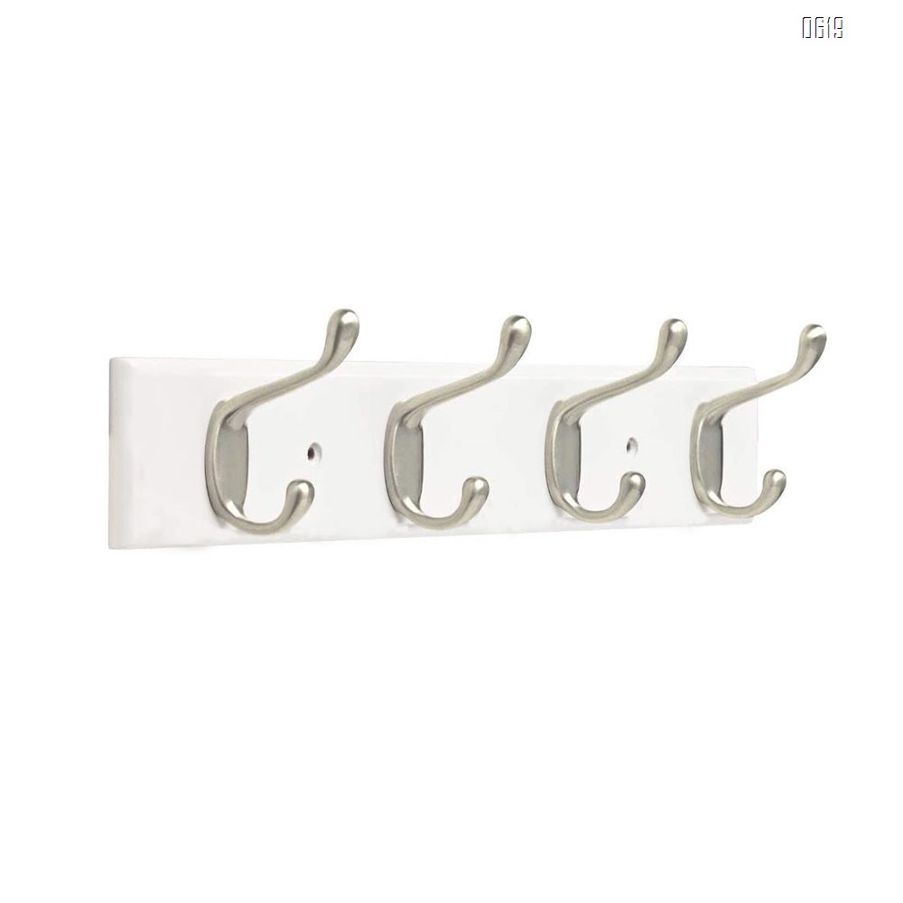 Bamboo 19 inch Hook Rail / Rack, with 4 Heavy Duty Coat and Hat Hooks, in White Zinc Alloy