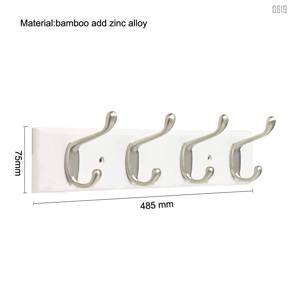Bamboo 19 inch Hook Rail / Rack, with 4 Heavy Duty Coat and Hat Hooks, in White Zinc Alloy